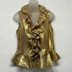 Lauren Ralph Lauren Gold Metallic Ruffle Front Sleeveless Silk Blouse Size 6